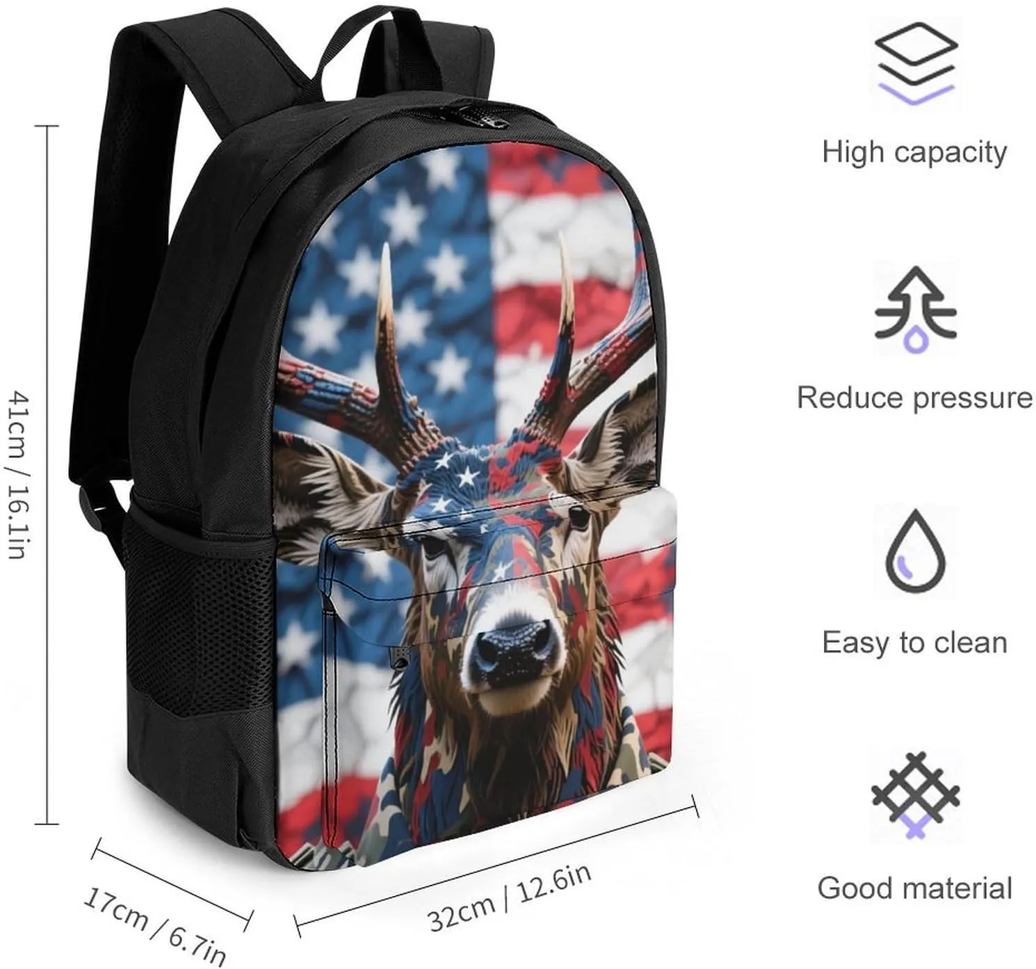 Polyester Daypack for Hiking Work Running - Big Capacity Anti-Theft Multipurpose Shoulder Bag, American Flag Camo Deer Camouflage Art Travel and Sport Backpack Rucksack