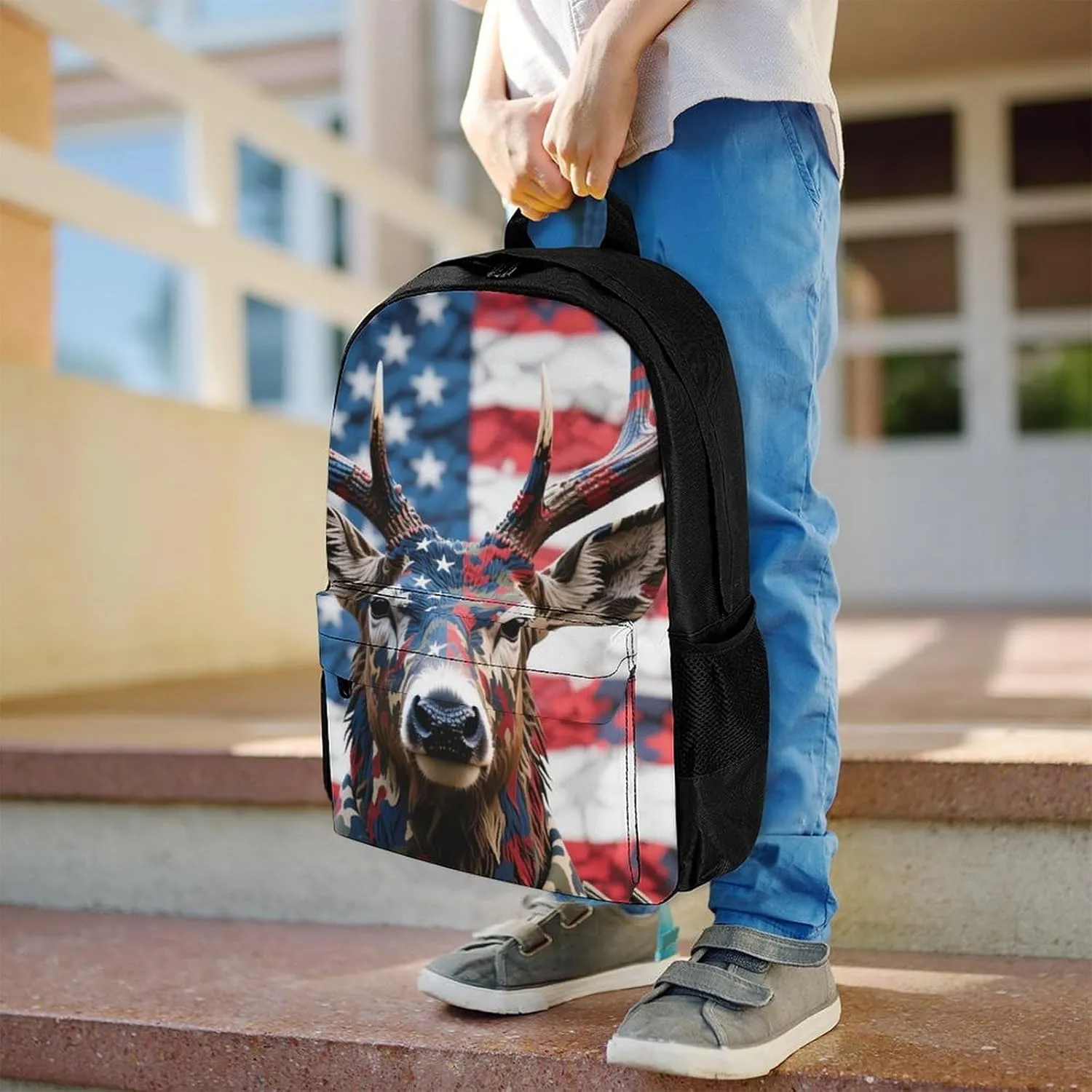 Polyester Daypack for Hiking Work Running - Big Capacity Anti-Theft Multipurpose Shoulder Bag, American Flag Camo Deer Camouflage Art Travel and Sport Backpack Rucksack