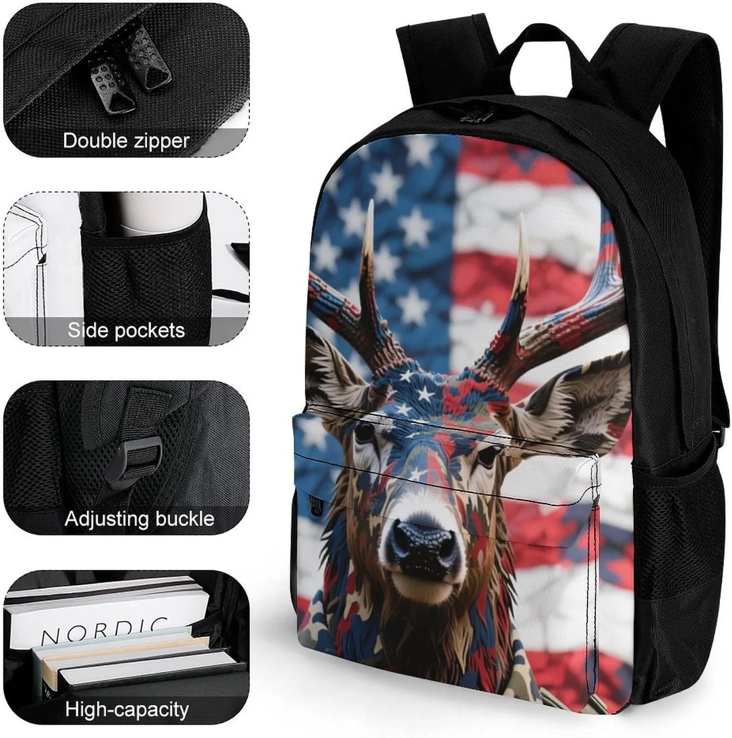 Polyester Daypack for Hiking Work Running - Big Capacity Anti-Theft Multipurpose Shoulder Bag, American Flag Camo Deer Camouflage Art Travel and Sport Backpack Rucksack