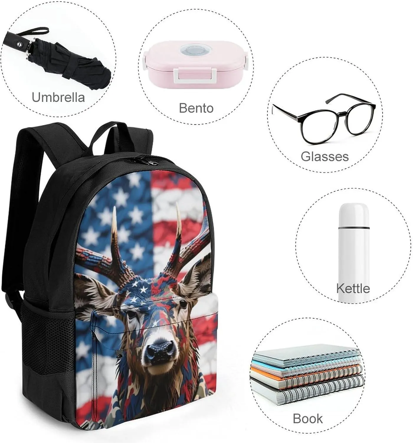 Polyester Daypack for Hiking Work Running - Big Capacity Anti-Theft Multipurpose Shoulder Bag, American Flag Camo Deer Camouflage Art Travel and Sport Backpack Rucksack