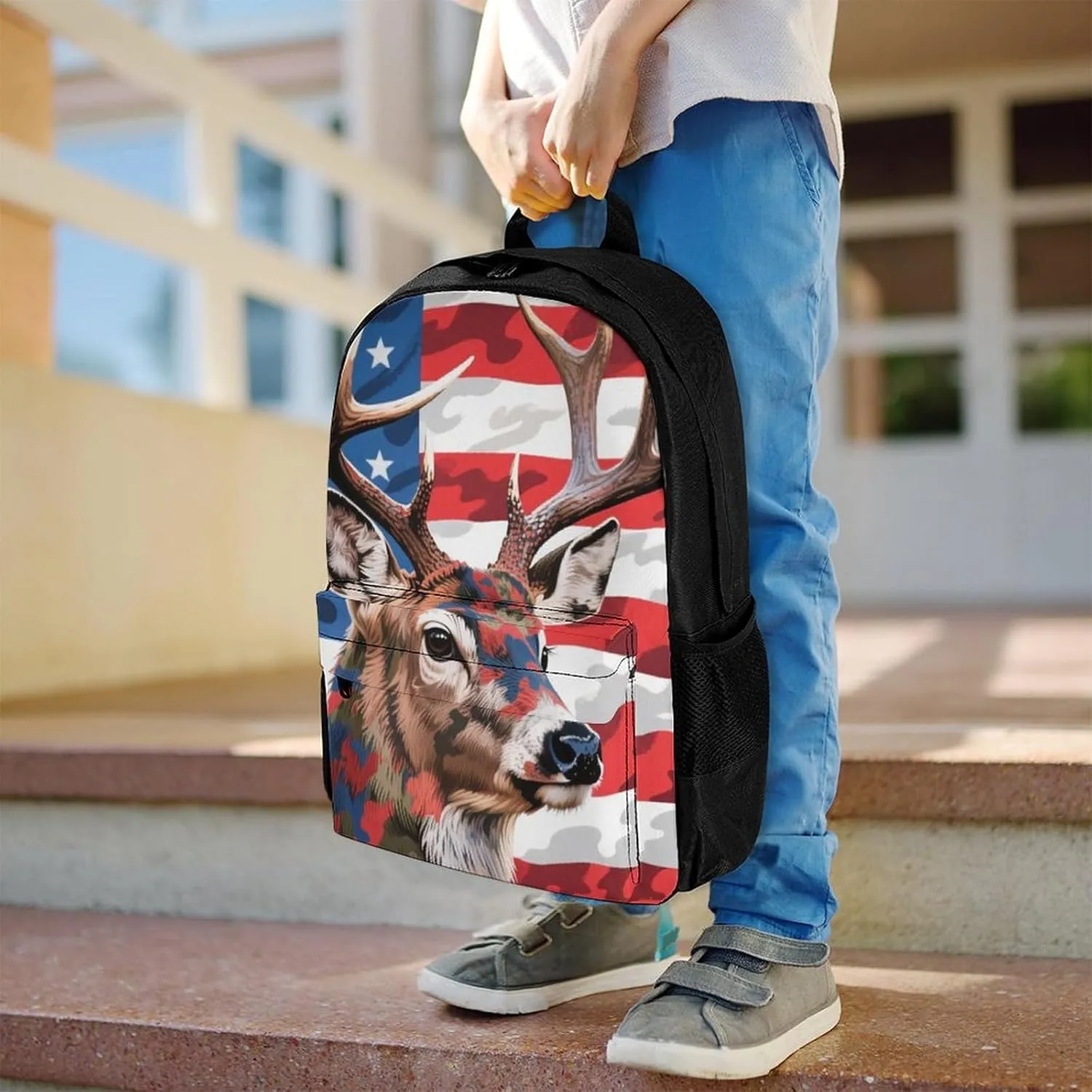Polyester Daypack for Hiking Work Running - Big Capacity Anti-Theft Multipurpose Shoulder Bag, American Flag Camo Deer Camouflage Art Travel and Sport Backpack Rucksack