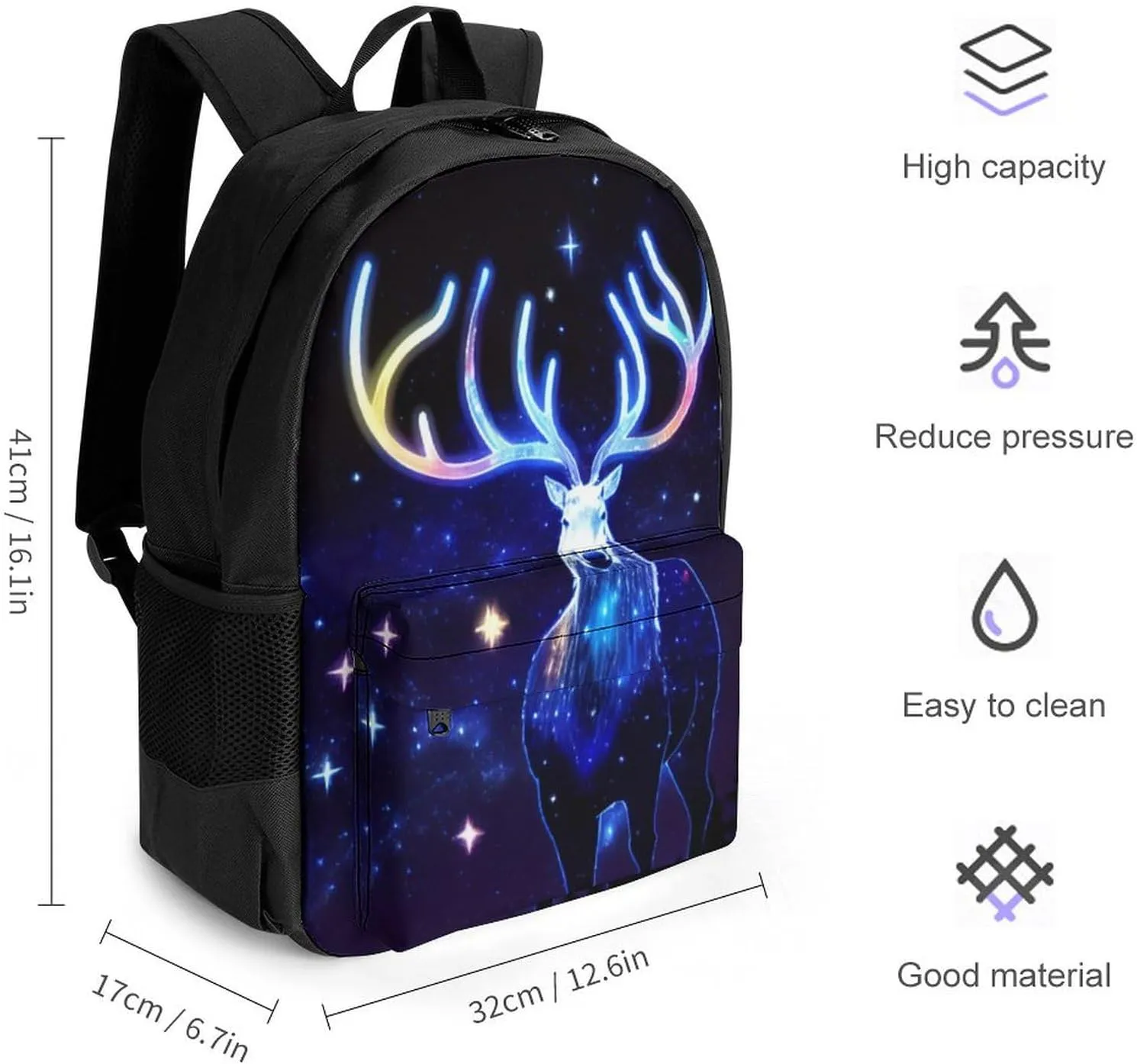Polyester Daypack for Hiking Work Running - Big Capacity Anti-Theft Multipurpose Shoulder Bag, Galaxy Starry Sky Christmas Elk Moose Art Travel and Sport Backpack Rucksack
