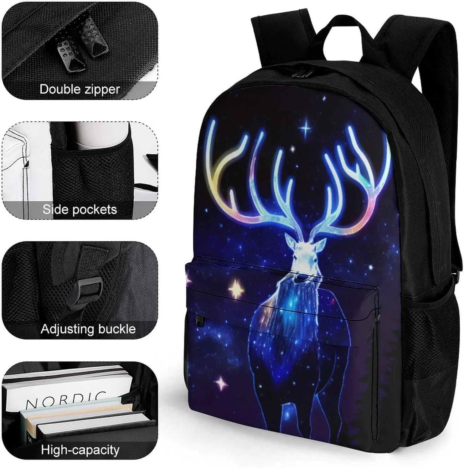 Polyester Daypack for Hiking Work Running - Big Capacity Anti-Theft Multipurpose Shoulder Bag, Galaxy Starry Sky Christmas Elk Moose Art Travel and Sport Backpack Rucksack