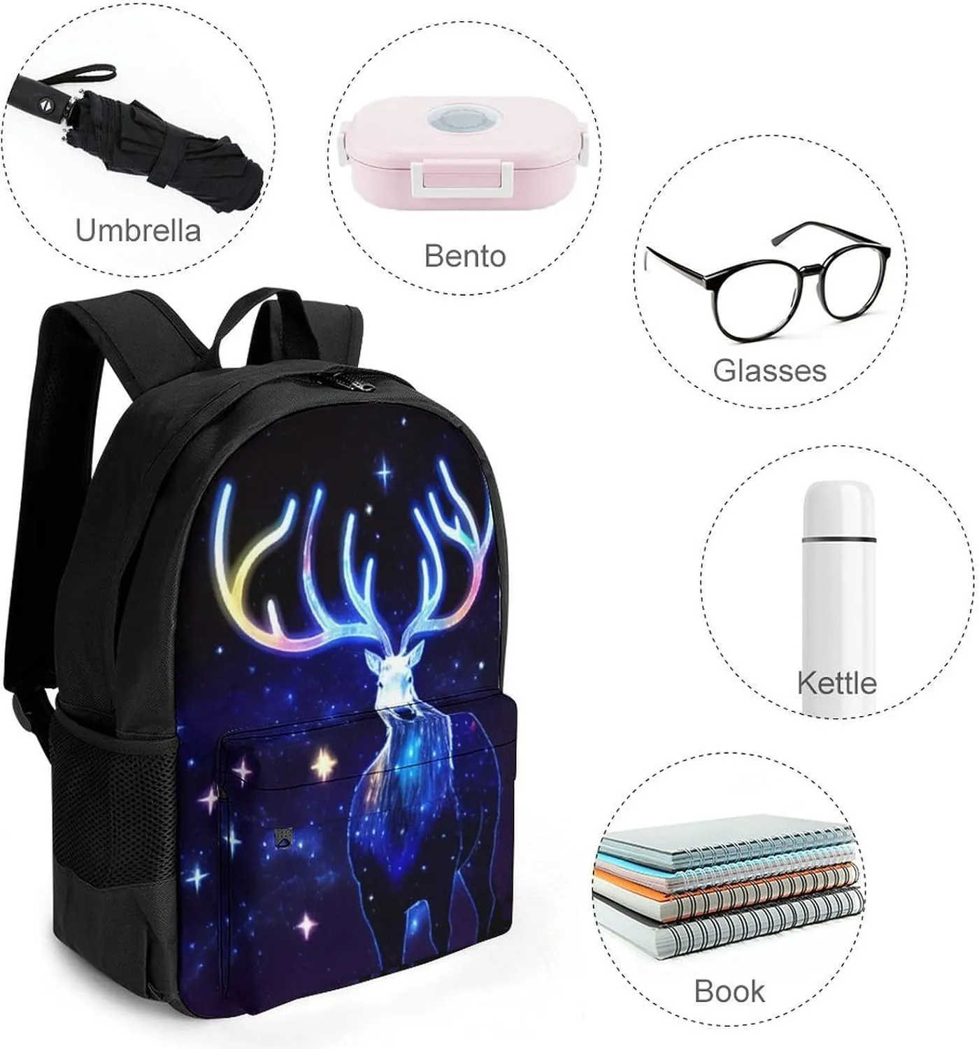 Polyester Daypack for Hiking Work Running - Big Capacity Anti-Theft Multipurpose Shoulder Bag, Galaxy Starry Sky Christmas Elk Moose Art Travel and Sport Backpack Rucksack
