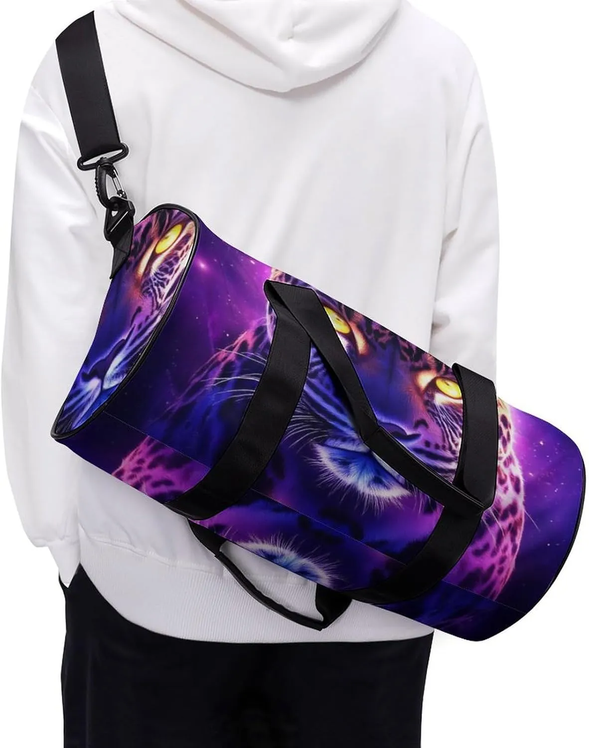 Portable Large Overnight Duffel Bags Space Galaxy Purple Cheetah Leopard Art Travel Storage Bag, Waterproof Gym Sports Handbag with Adjustable Shoulder Strap
