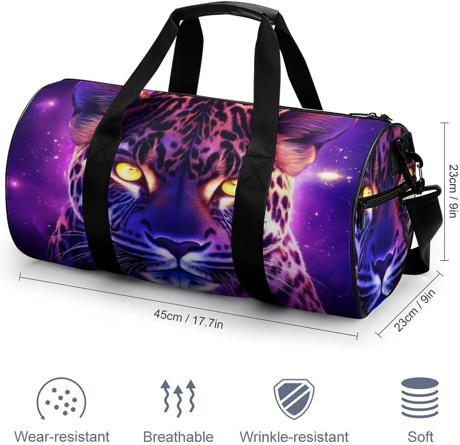 Portable Large Overnight Duffel Bags Space Galaxy Purple Cheetah Leopard Art Travel Storage Bag, Waterproof Gym Sports Handbag with Adjustable Shoulder Strap