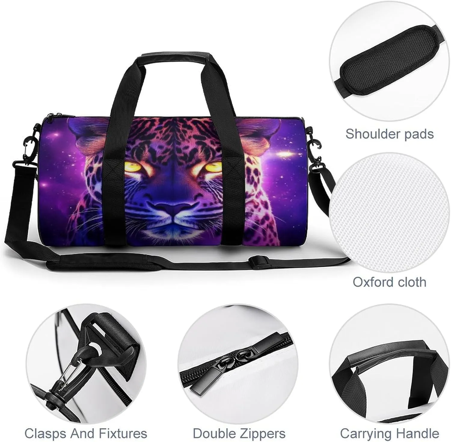 Portable Large Overnight Duffel Bags Space Galaxy Purple Cheetah Leopard Art Travel Storage Bag, Waterproof Gym Sports Handbag with Adjustable Shoulder Strap