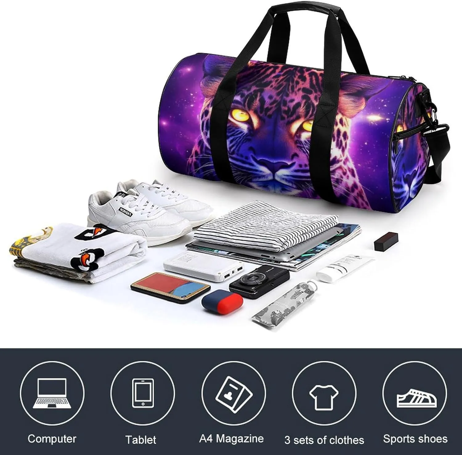 Portable Large Overnight Duffel Bags Space Galaxy Purple Cheetah Leopard Art Travel Storage Bag, Waterproof Gym Sports Handbag with Adjustable Shoulder Strap