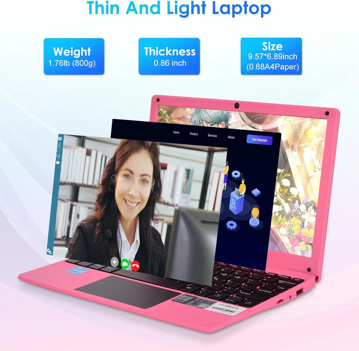 Portable Mini Education Laptop Computer with in tel Celeron N4020 CPU 8GB RAM 128GB SSD HD IPS Screen, Laptop Computer for Learning, Office Work(Pink, 8GB 128GB)