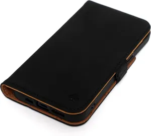 PORTER RILEY - Leather Case Compatible with iPhone 13 (6.1"). Premium Genuine Nubuck Leather Book/Wallet/Book Case with Card Slots and Horizontal Stand (Black, Tan)