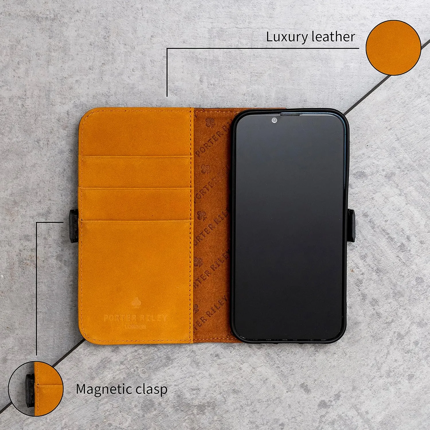 PORTER RILEY - Leather Case Compatible with iPhone 13 (6.1"). Premium Genuine Nubuck Leather Book/Wallet/Book Case with Card Slots and Horizontal Stand (Black, Tan)