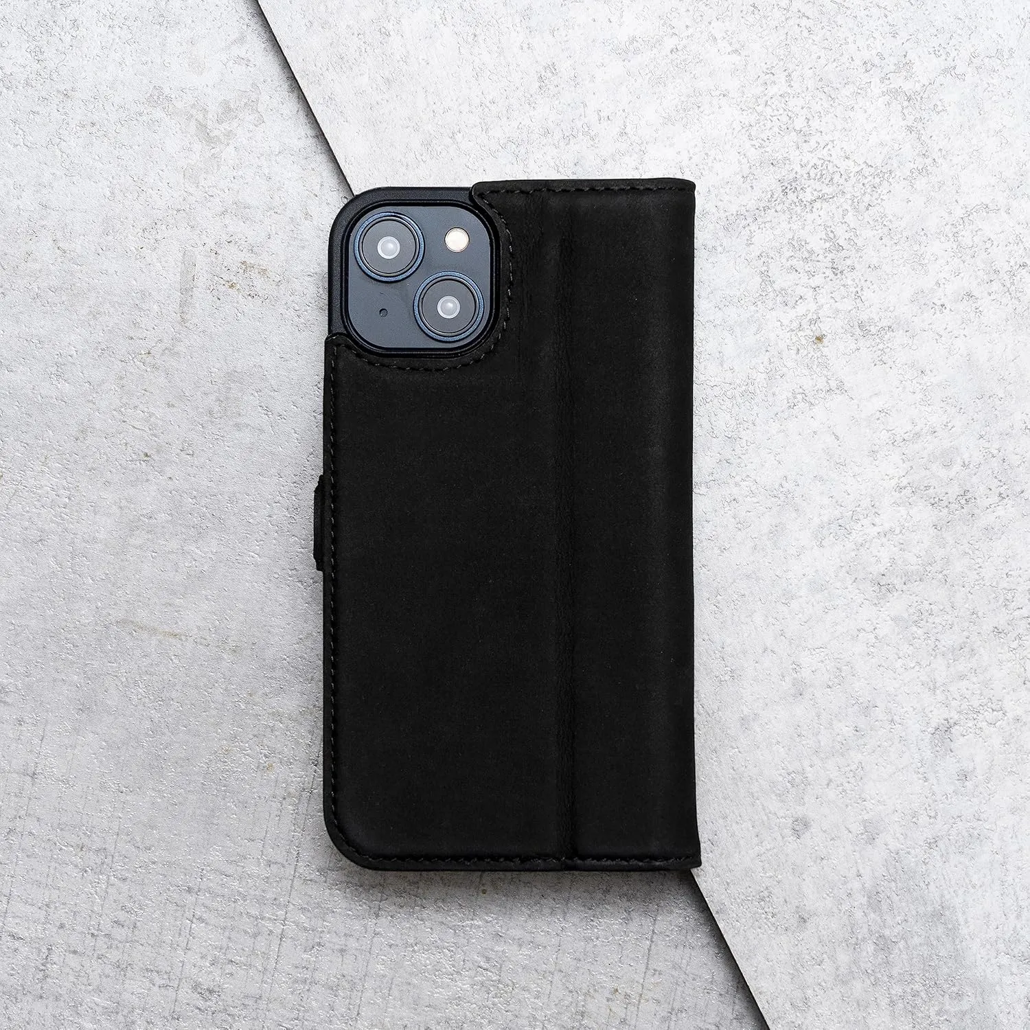PORTER RILEY - Leather Case Compatible with iPhone 13 (6.1"). Premium Genuine Nubuck Leather Book/Wallet/Book Case with Card Slots and Horizontal Stand (Black, Tan)