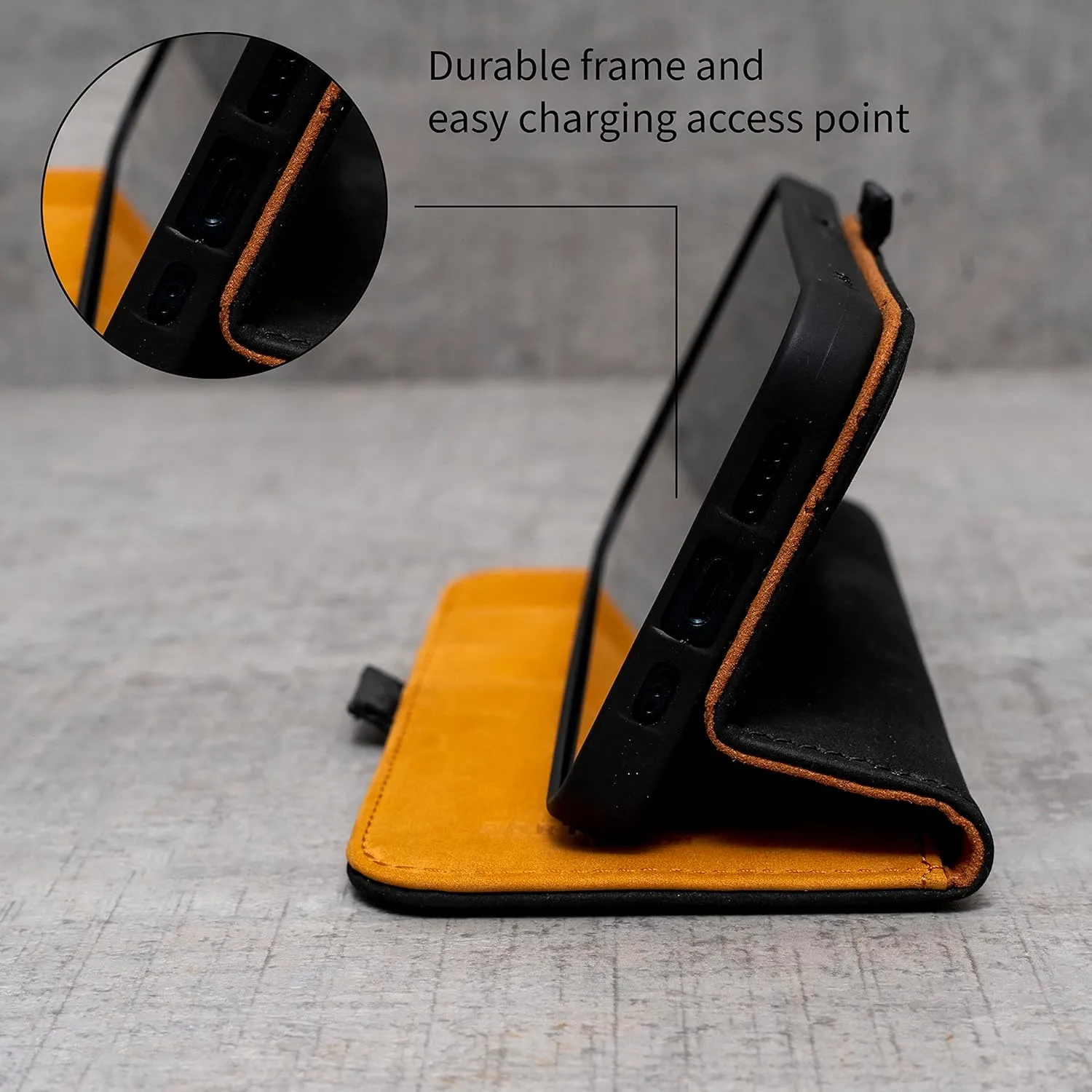 PORTER RILEY - Leather Case Compatible with iPhone 13 (6.1"). Premium Genuine Nubuck Leather Book/Wallet/Book Case with Card Slots and Horizontal Stand (Black, Tan)