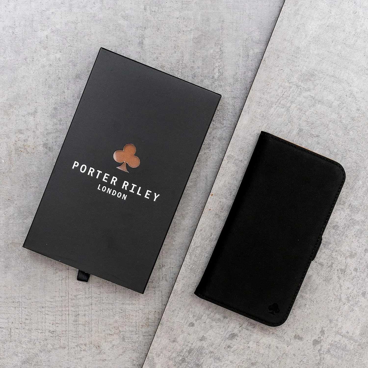PORTER RILEY - Leather Case Compatible with iPhone 13 (6.1"). Premium Genuine Nubuck Leather Book/Wallet/Book Case with Card Slots and Horizontal Stand (Black, Tan)