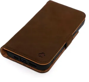 Porter Riley - Leather Case Compatible with iPhone 16 Pro. Premium Genuine Nubuck Leather Book/Wallet/Book Case with Card Slots and Horizontal Stand (Brown, Tan)