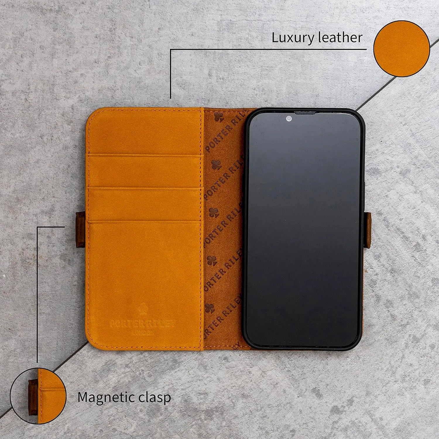 Porter Riley - Leather Case Compatible with iPhone 16 Pro. Premium Genuine Nubuck Leather Book/Wallet/Book Case with Card Slots and Horizontal Stand (Brown, Tan)