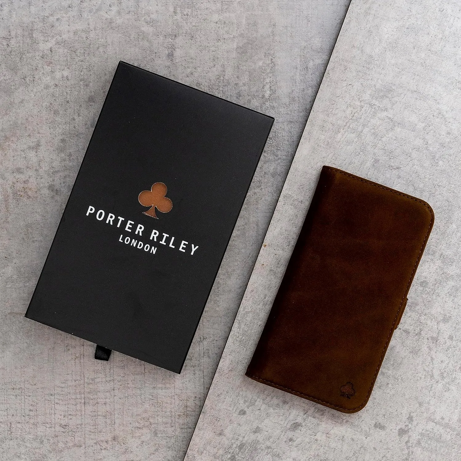 Porter Riley - Leather Case Compatible with iPhone 16 Pro. Premium Genuine Nubuck Leather Book/Wallet/Book Case with Card Slots and Horizontal Stand (Brown, Tan)