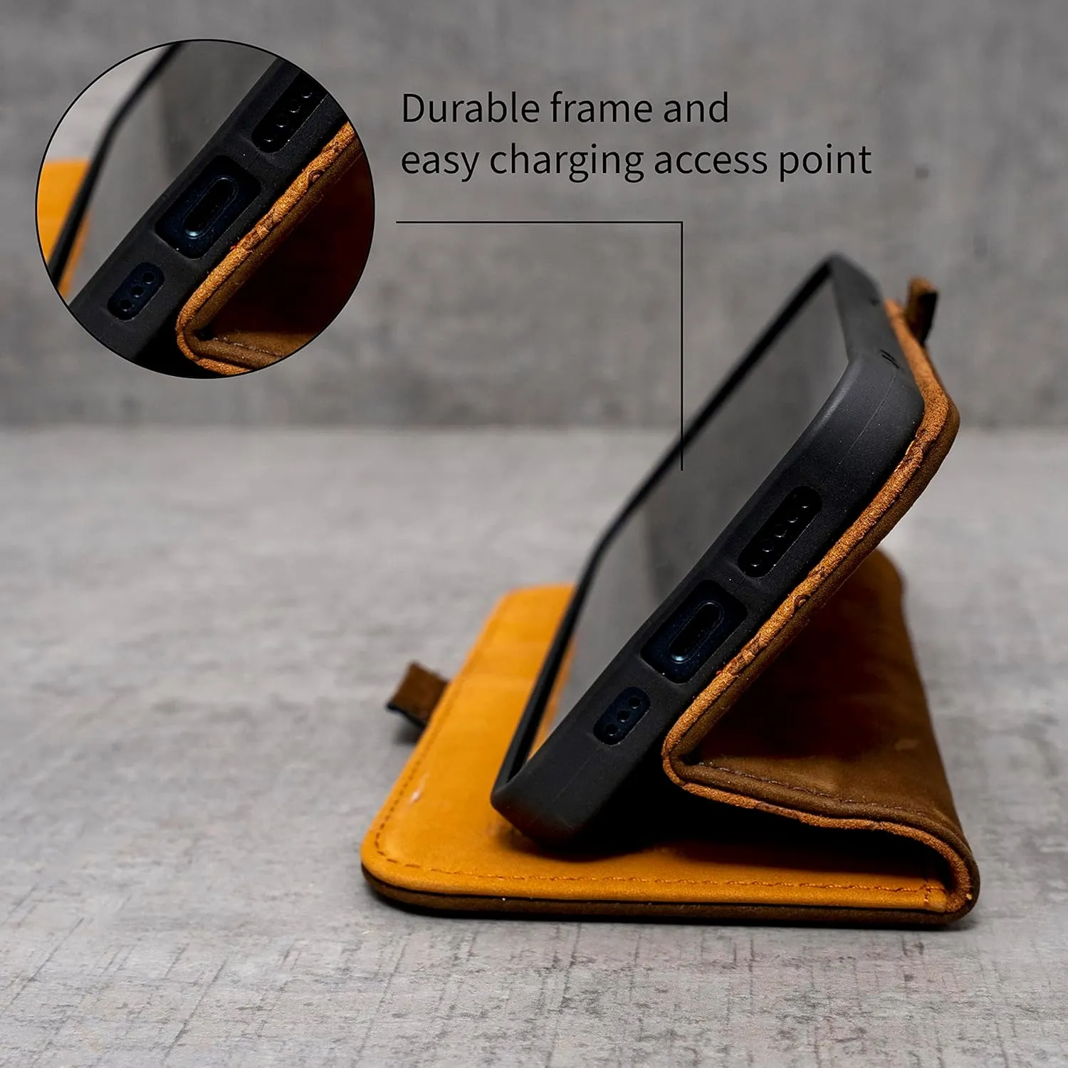 Porter Riley - Leather Case Compatible with iPhone 16 Pro. Premium Genuine Nubuck Leather Book/Wallet/Book Case with Card Slots and Horizontal Stand (Brown, Tan)