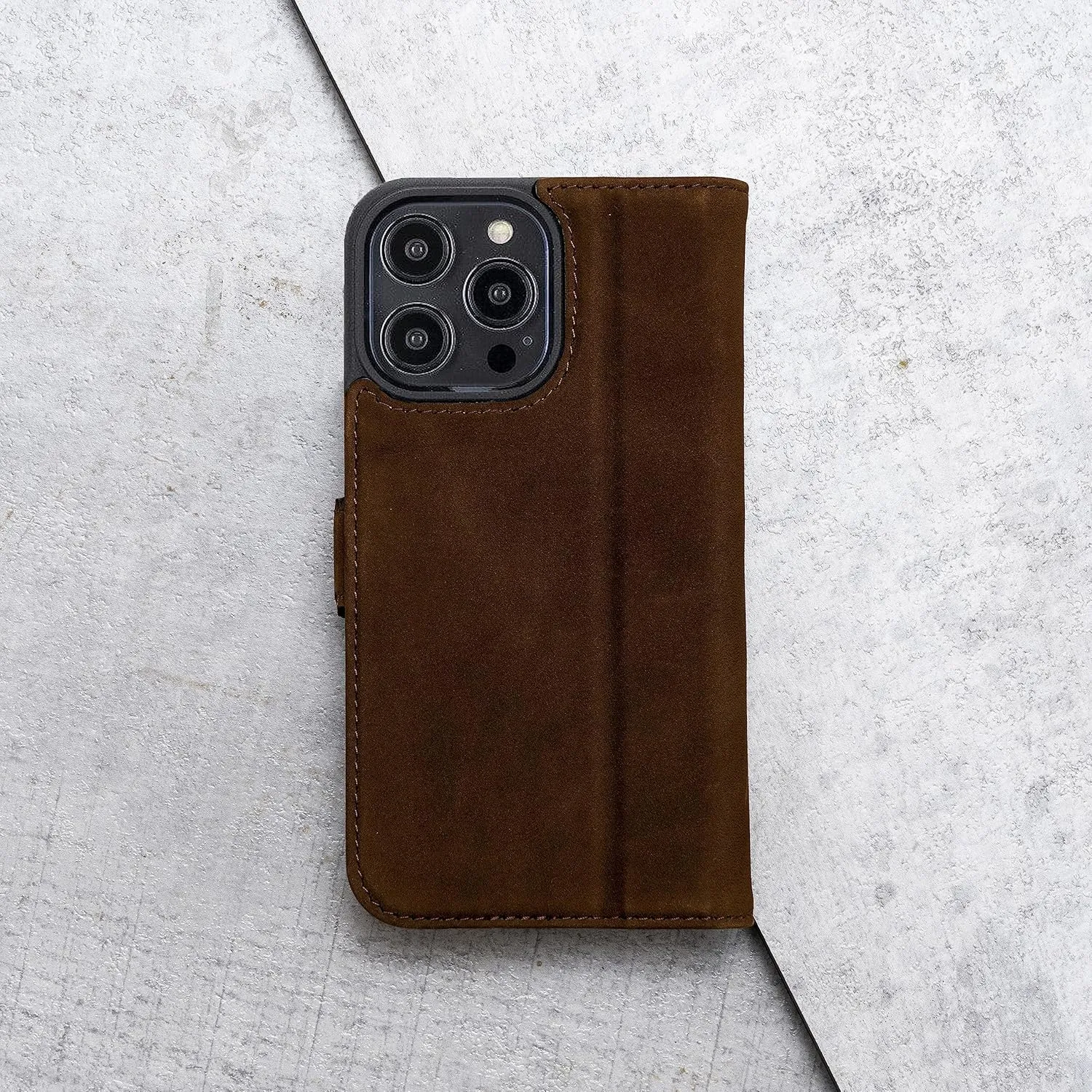 Porter Riley - Leather Case Compatible with iPhone 16 Pro. Premium Genuine Nubuck Leather Book/Wallet/Book Case with Card Slots and Horizontal Stand (Brown, Tan)