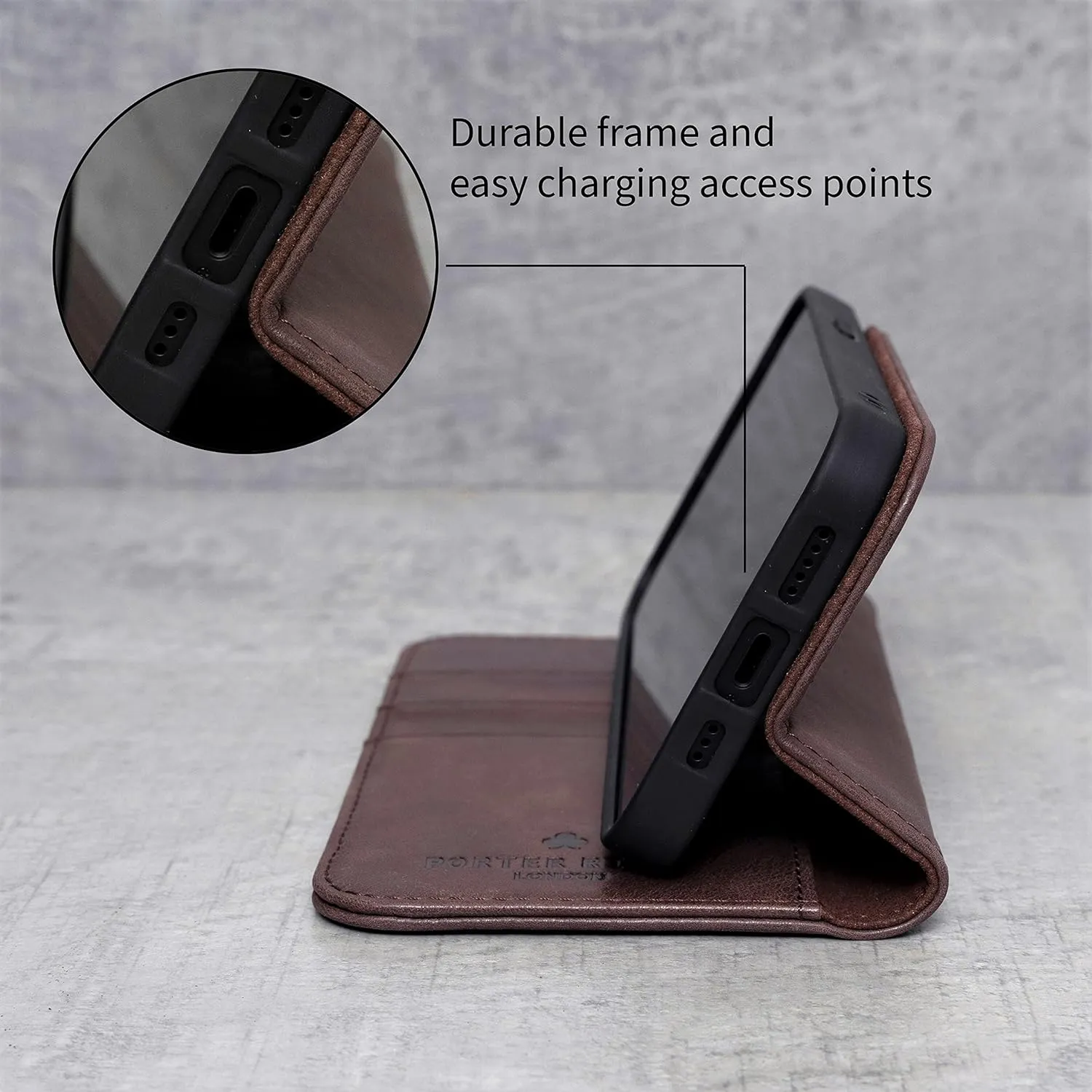 Porter Riley - Leather Case for iPhone 12 / iPhone 12 Pro (6.1"). Premium Genuine Leather Stand/Cover/Wallet/Flip Case (Chocolate Brown)