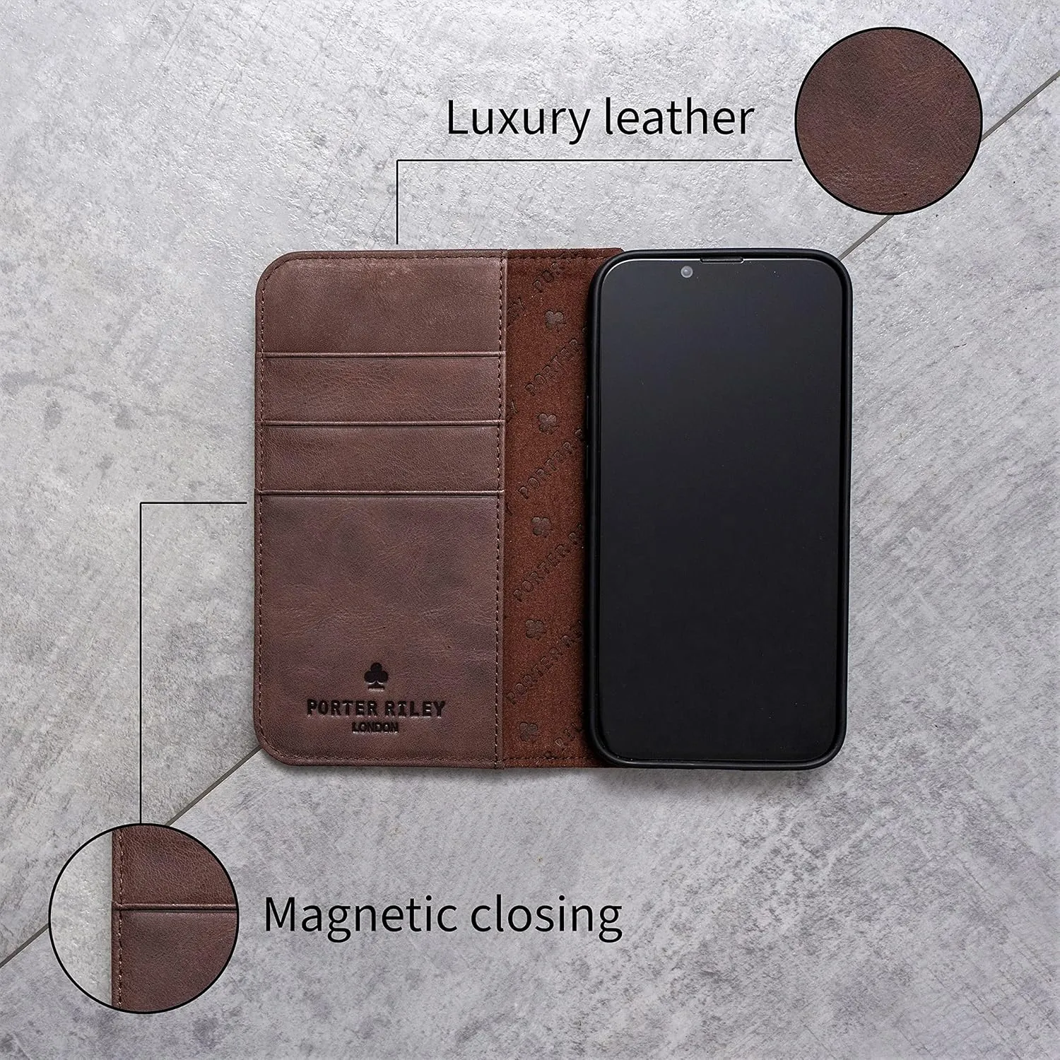 Porter Riley - Leather Case for iPhone 12 / iPhone 12 Pro (6.1"). Premium Genuine Leather Stand/Cover/Wallet/Flip Case (Chocolate Brown)