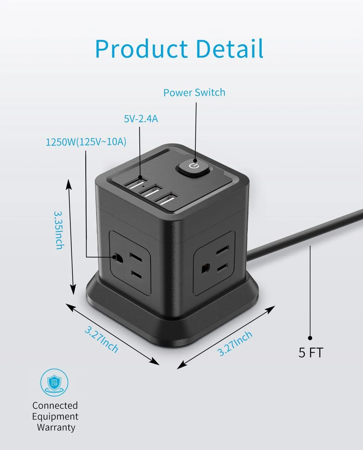 Power Strip with USB, FDTEK Flat Plug Extension Cord with 4 AC and 3 USB, 5 FT Power Cord Desktop Charging Station, Overload Protection, Compact Portable for Travel Home Office Cruise Ship - Black