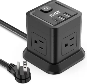 Power Strip with USB, FDTEK Flat Plug Extension Cord with 4 AC and 3 USB, 5 FT Power Cord Desktop Charging Station, Overload Protection, Compact Portable for Travel Home Office Cruise Ship - Black