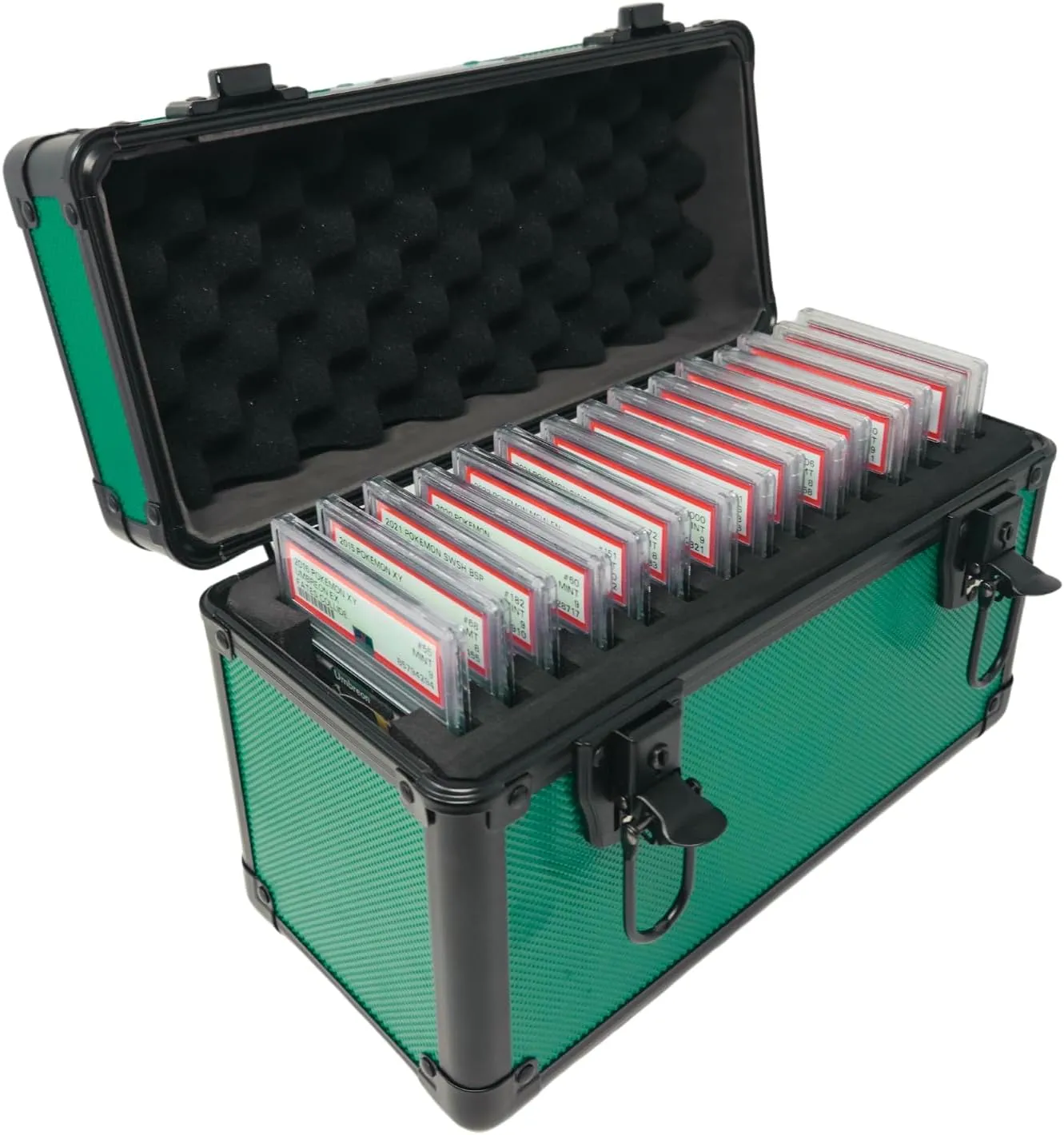 Precision Metal Slab Case – Holds 15 Graded Sports and Trading Cards – Durable Aluminum Storage Box for PSA, BGS, CGC Slabs – X-15 Green