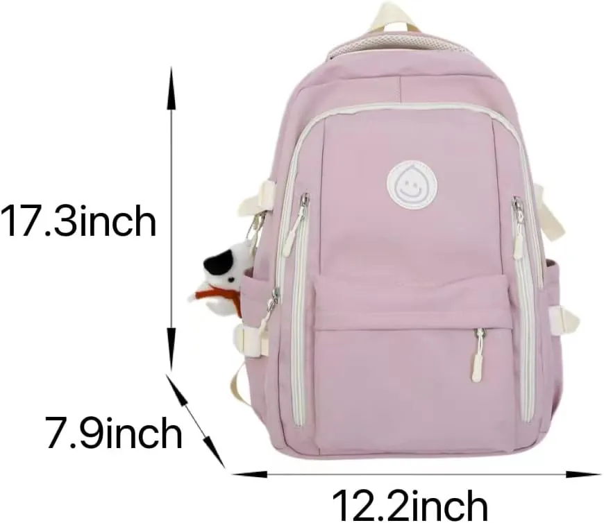 Preppy Backpack with Cute Pendant Women Smile Face Laptop Backpack Kawaii Lightweight Aesthetic College Backpack (Pink,One Size)