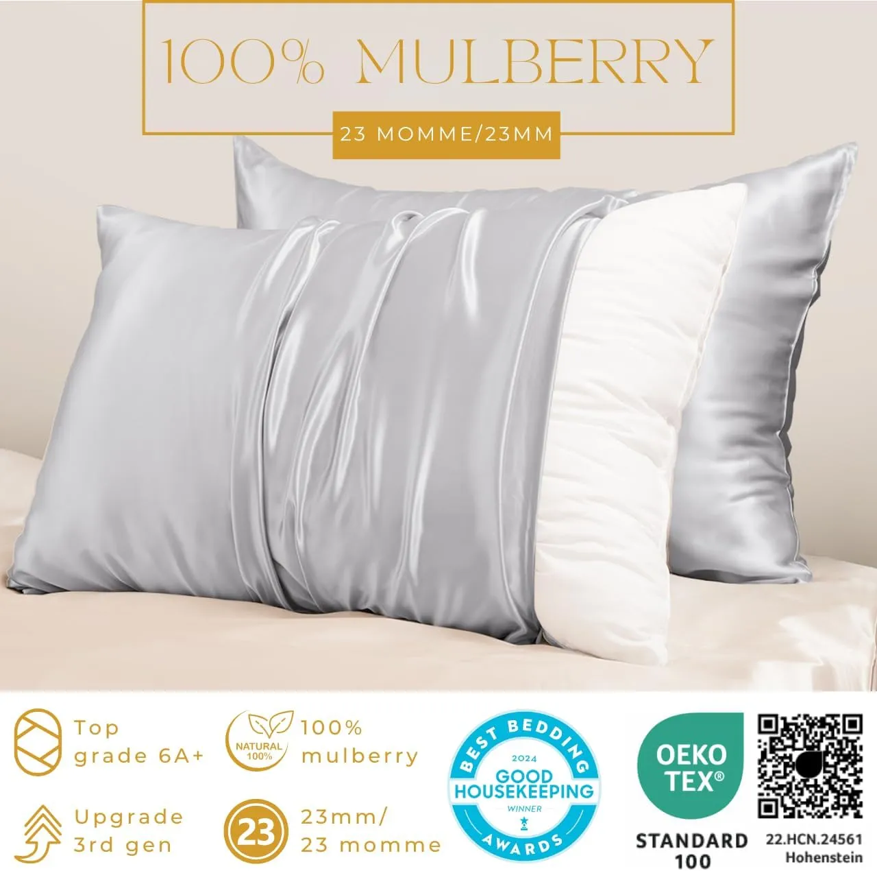 PROMEED 100% Mulberry Toddler Silk Pillowcase for Baby Hair and Skin, Premium Grade 6A  23 Momme Travel Silk Pillow Cases 13 x 18 with Free Laundry Bag (Toddler/Travel 13"x18", Light Grey)