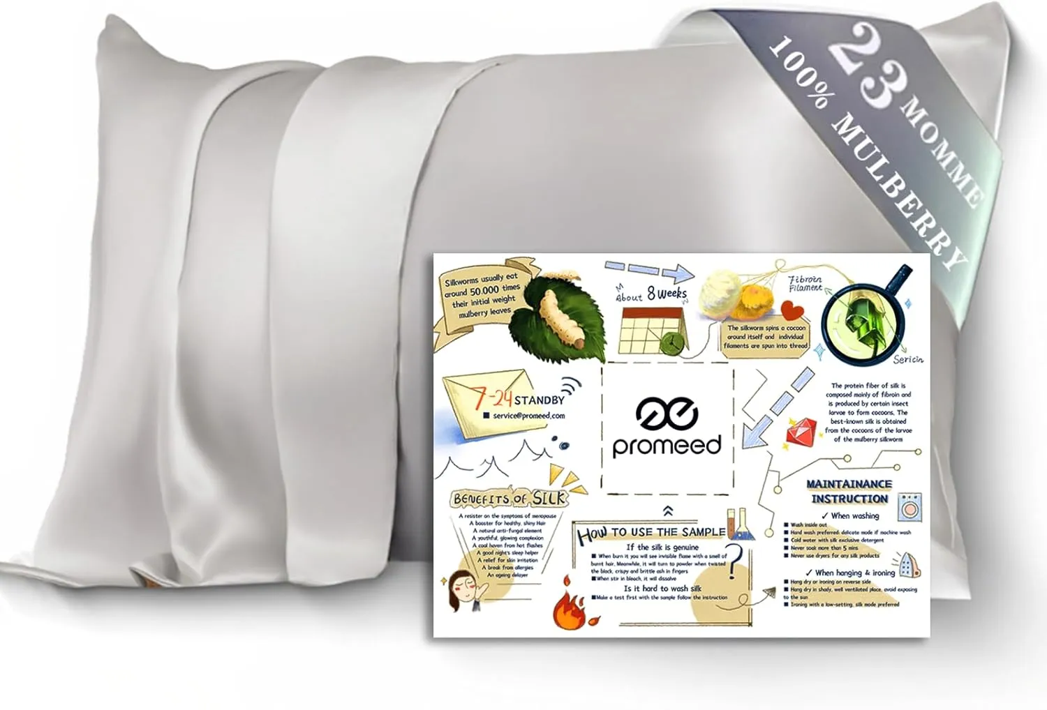 PROMEED 100% Mulberry Toddler Silk Pillowcase for Baby Hair and Skin, Premium Grade 6A  23 Momme Travel Silk Pillow Cases 13 x 18 with Free Laundry Bag (Toddler/Travel 13"x18", Light Grey)