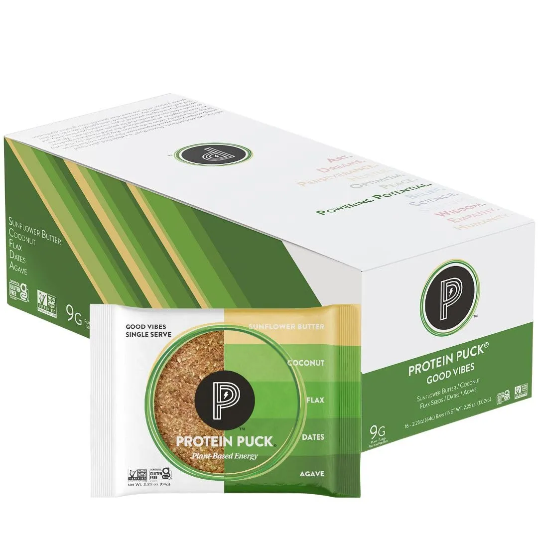 Protein Puck Plant Based Bars | Snacks with Vegan Protein | 16 Count | 2.25 oz Single Serve | Gluten Free, Non Dairy, Kosher Certified Non GMO Premium Healthy Bars | Good Vibes