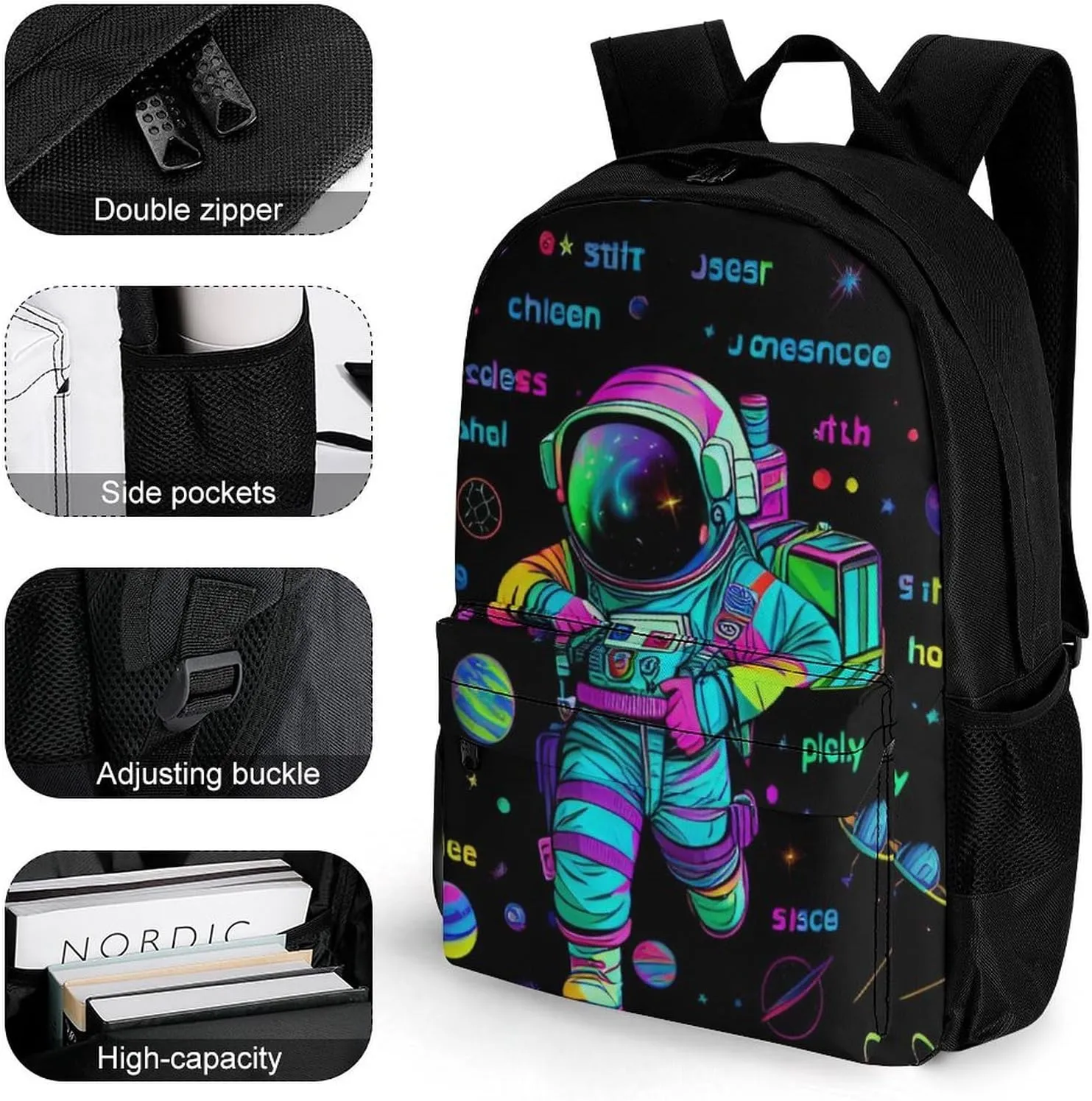 Psychedelic Space Astronaut Outer Space Chemical Formula Art Daypack Lightweight Multipurpose Anti-Theft Shoulder Bag Large Capacity Laptop Book Bag Rucksack With Adjustable Shoulder Straps