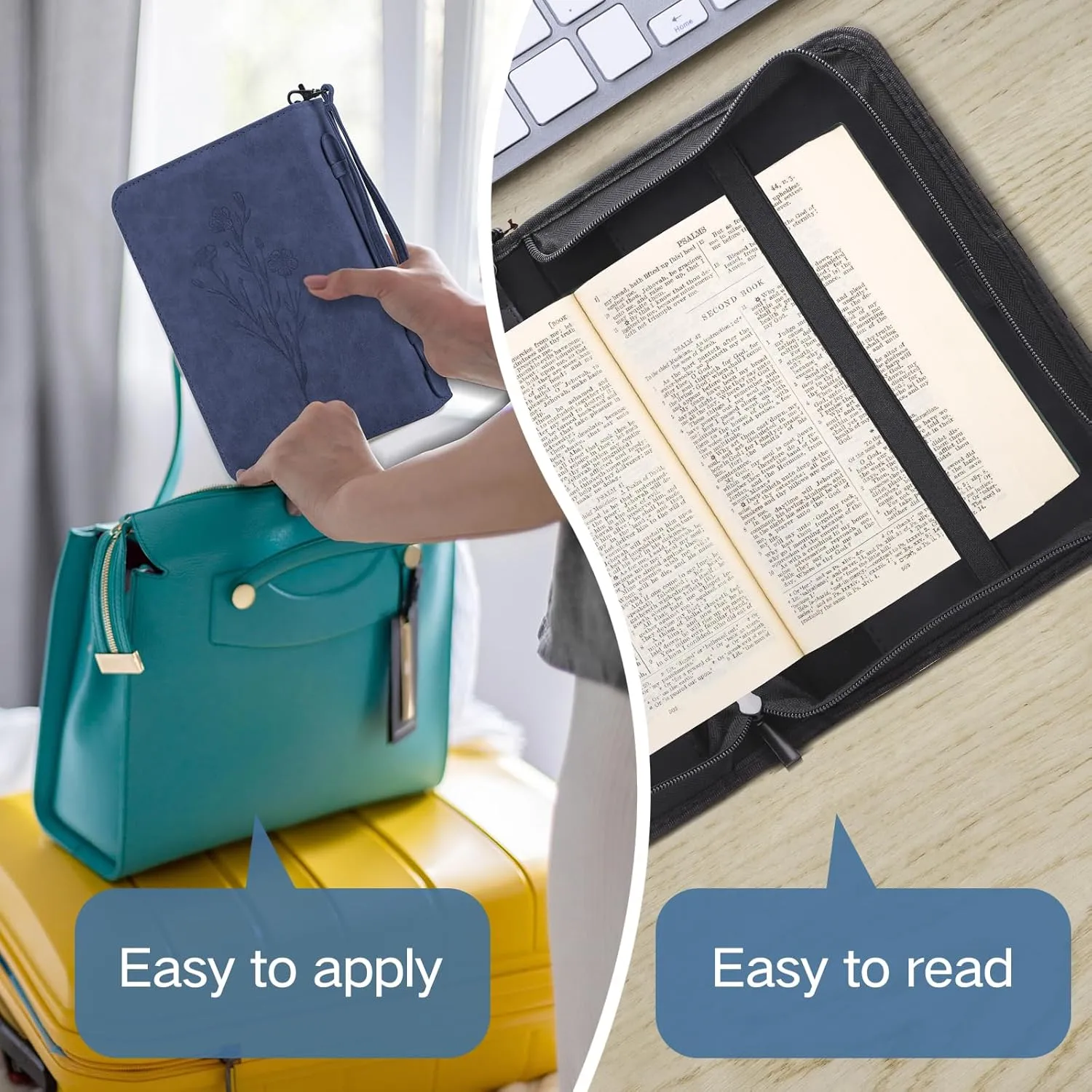 PU Leather Bible Cover Case for Men and Women - Large Waterproof Protective Case With Handle, Carrier Tote Bag With Christian Accessories Gifts (Dark Blue 3#, M)