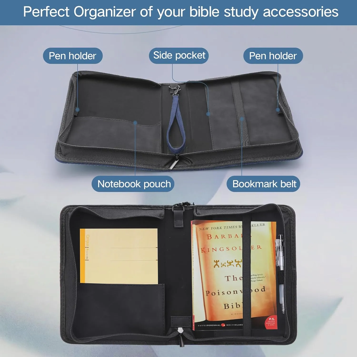 PU Leather Bible Cover Case for Men and Women - Large Waterproof Protective Case With Handle, Carrier Tote Bag With Christian Accessories Gifts (Dark Blue 3#, M)