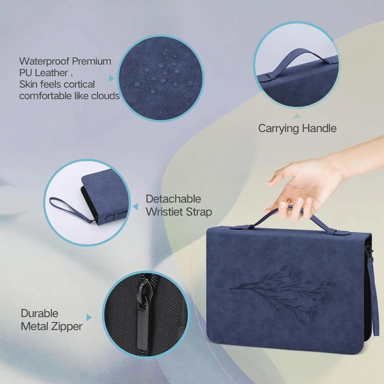 PU Leather Bible Cover Case for Men and Women - Large Waterproof Protective Case With Handle, Carrier Tote Bag With Christian Accessories Gifts (Dark Blue 3#, M)