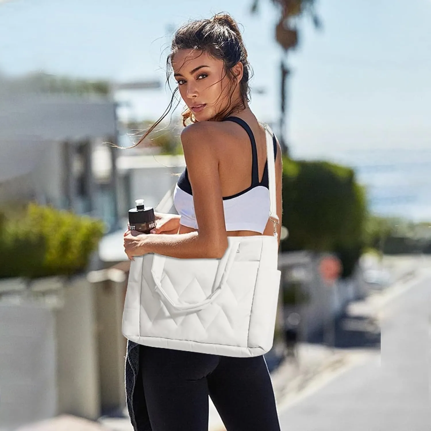 Puffer Tote Bag for Women Nylon Quilted Tote Bag Lightweight Puffy Shoulder Bag Black Camel White Pink