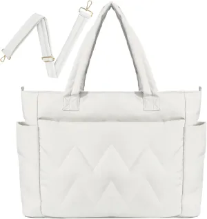 Puffer Tote Bag for Women Nylon Quilted Tote Bag Lightweight Puffy Shoulder Bag Black Camel White Pink