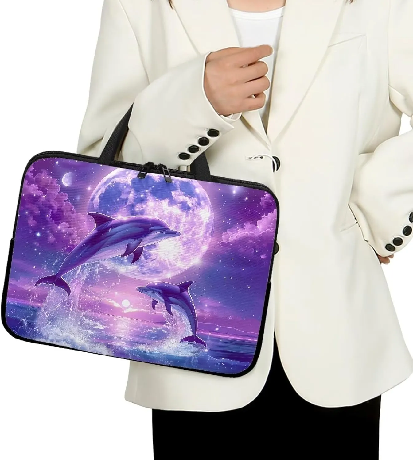 Purple Dolphin Full Moon Laptop Case 15 Inch, Waterproof Laptop Sleeve for Women Men, Portable Laptop Cover Computer Carrying Bag Cases with Handle, Fits Tablet/Notebook/Reader