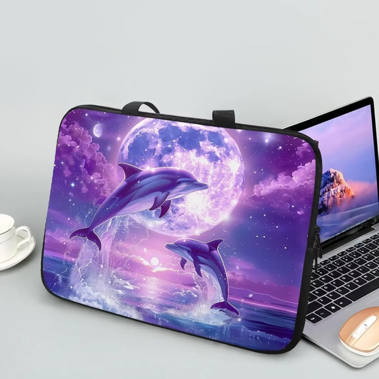 Purple Dolphin Full Moon Laptop Case 15 Inch, Waterproof Laptop Sleeve for Women Men, Portable Laptop Cover Computer Carrying Bag Cases with Handle, Fits Tablet/Notebook/Reader