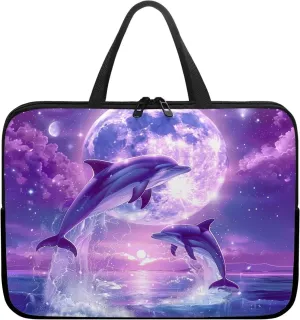 Purple Dolphin Full Moon Laptop Case 15 Inch, Waterproof Laptop Sleeve for Women Men, Portable Laptop Cover Computer Carrying Bag Cases with Handle, Fits Tablet/Notebook/Reader