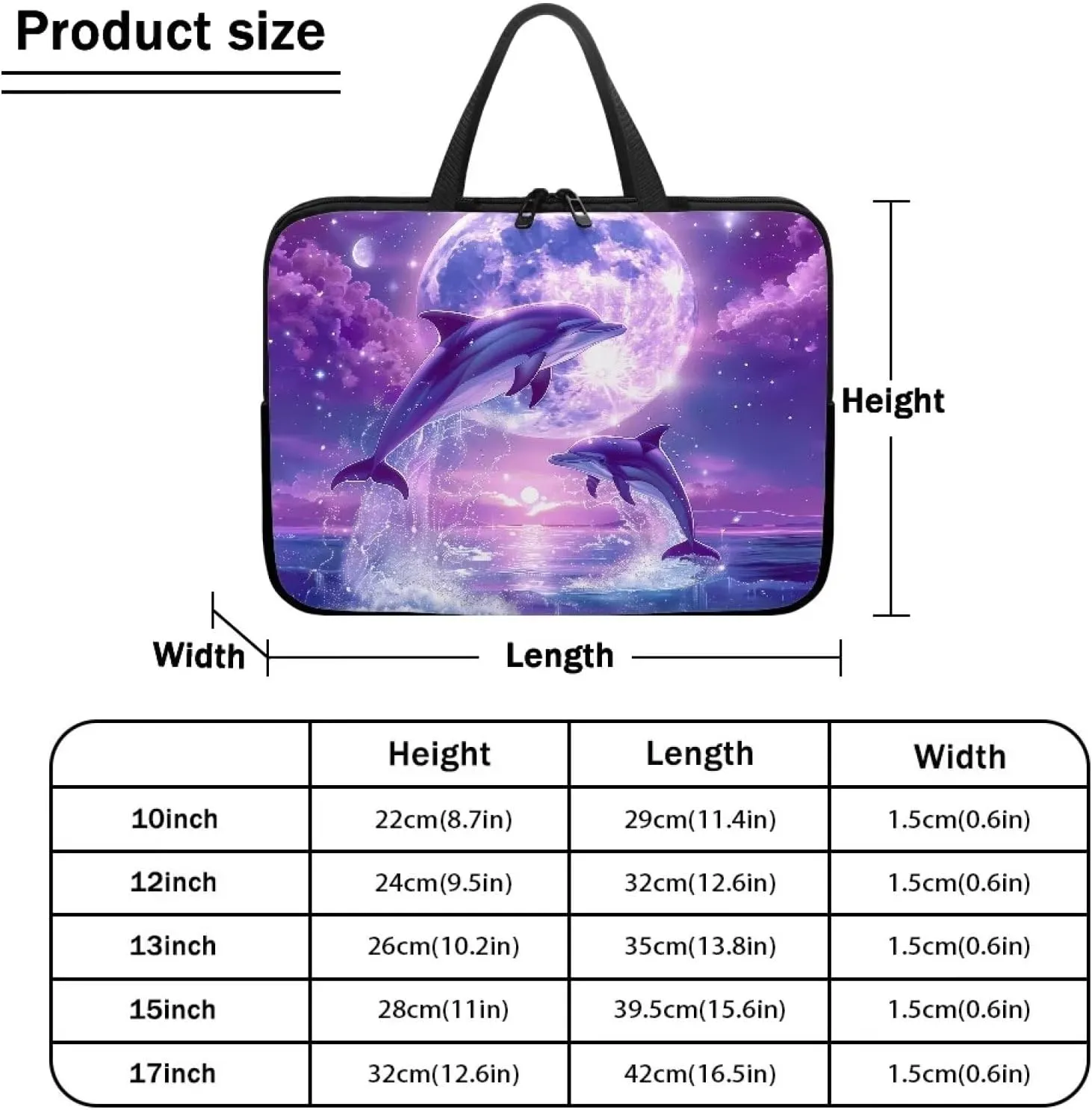 Purple Dolphin Full Moon Laptop Case 15 Inch, Waterproof Laptop Sleeve for Women Men, Portable Laptop Cover Computer Carrying Bag Cases with Handle, Fits Tablet/Notebook/Reader
