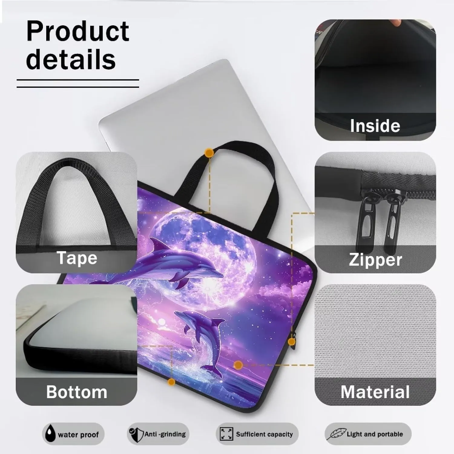 Purple Dolphin Full Moon Laptop Case 15 Inch, Waterproof Laptop Sleeve for Women Men, Portable Laptop Cover Computer Carrying Bag Cases with Handle, Fits Tablet/Notebook/Reader