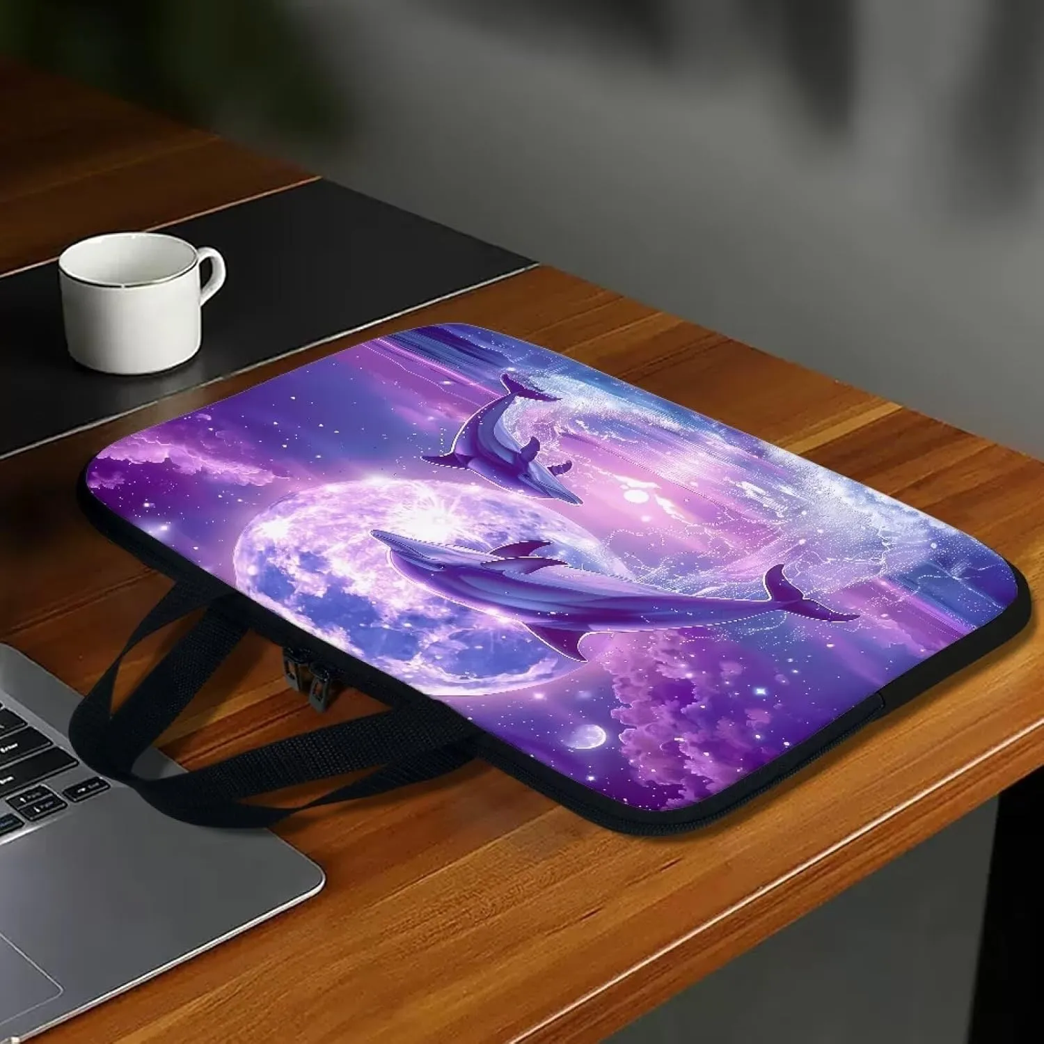 Purple Dolphin Full Moon Laptop Case 15 Inch, Waterproof Laptop Sleeve for Women Men, Portable Laptop Cover Computer Carrying Bag Cases with Handle, Fits Tablet/Notebook/Reader