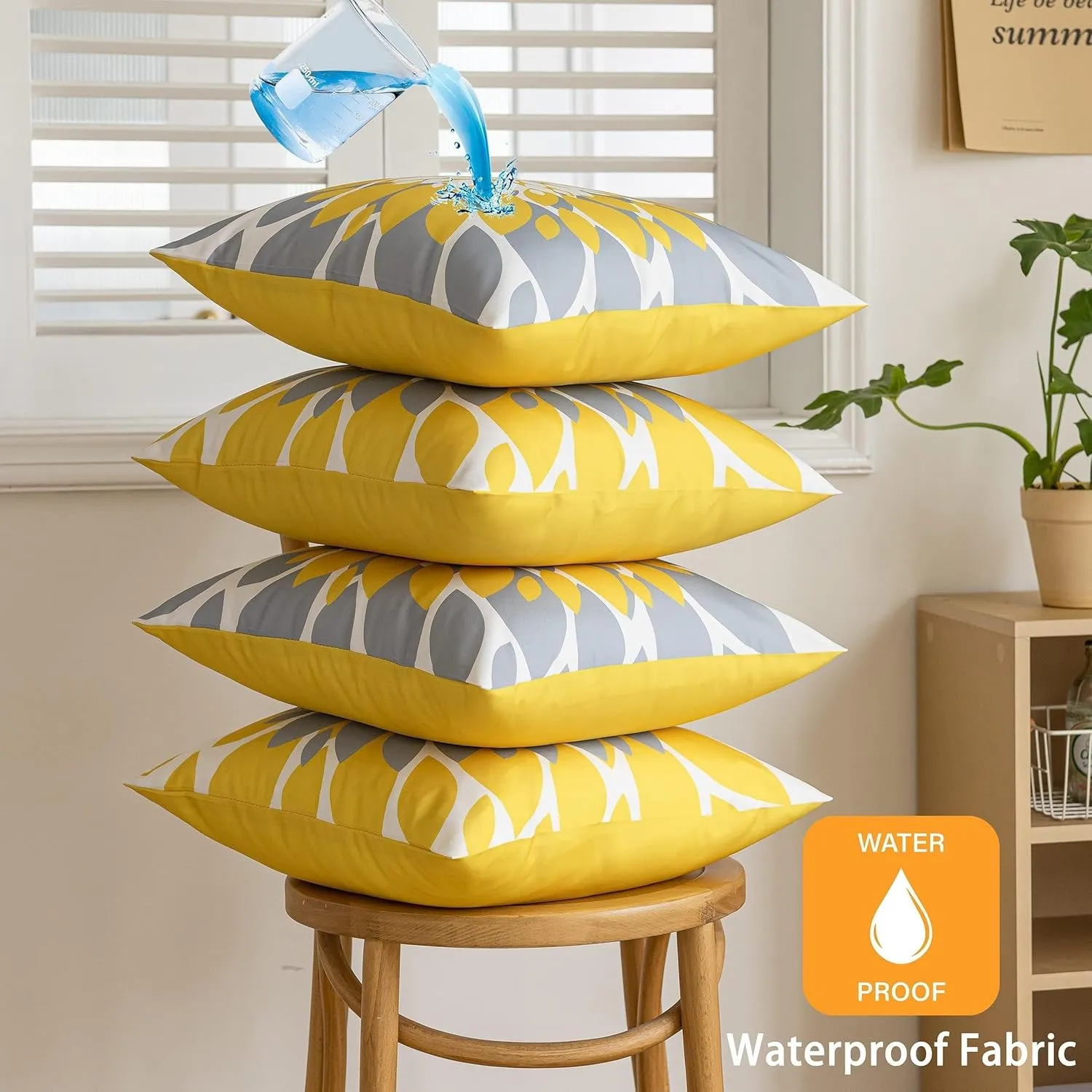 Qahing Pack of 4 Fall Outdoor Waterproof Pillow Covers 16x16 Decorative Outdoor Throw Pillows Garden Square Cushion Cases for Patio Furniture, Couch, Tent Sunbrella, Bench, Mustard Yellow Grey
