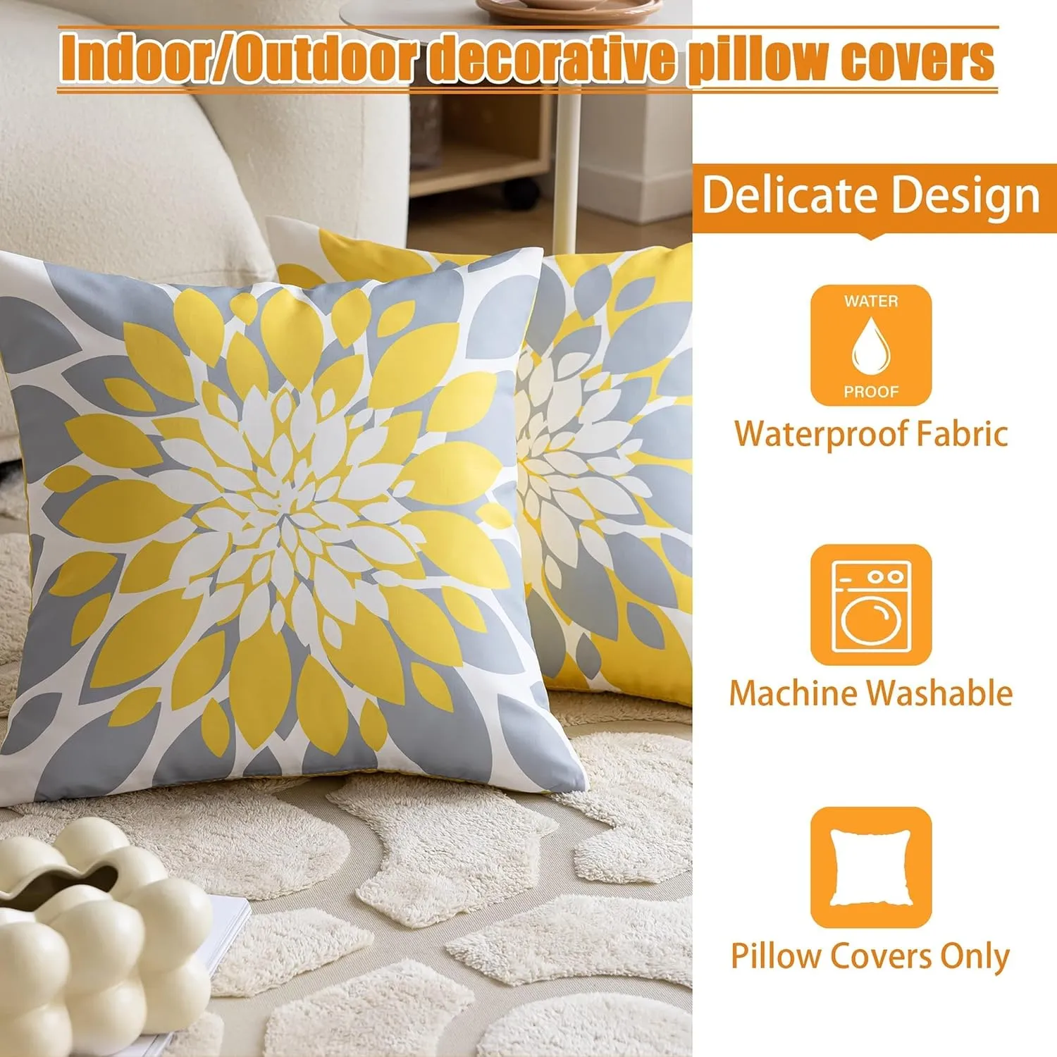 Qahing Pack of 4 Fall Outdoor Waterproof Pillow Covers 16x16 Decorative Outdoor Throw Pillows Garden Square Cushion Cases for Patio Furniture, Couch, Tent Sunbrella, Bench, Mustard Yellow Grey