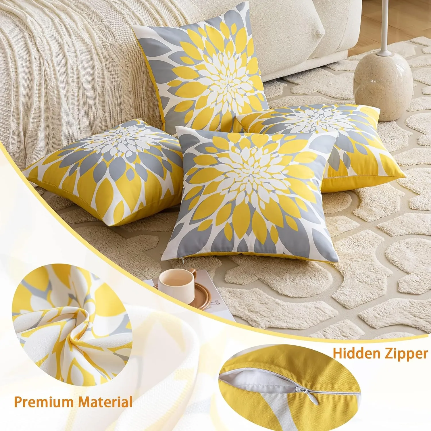 Qahing Pack of 4 Fall Outdoor Waterproof Pillow Covers 16x16 Decorative Outdoor Throw Pillows Garden Square Cushion Cases for Patio Furniture, Couch, Tent Sunbrella, Bench, Mustard Yellow Grey