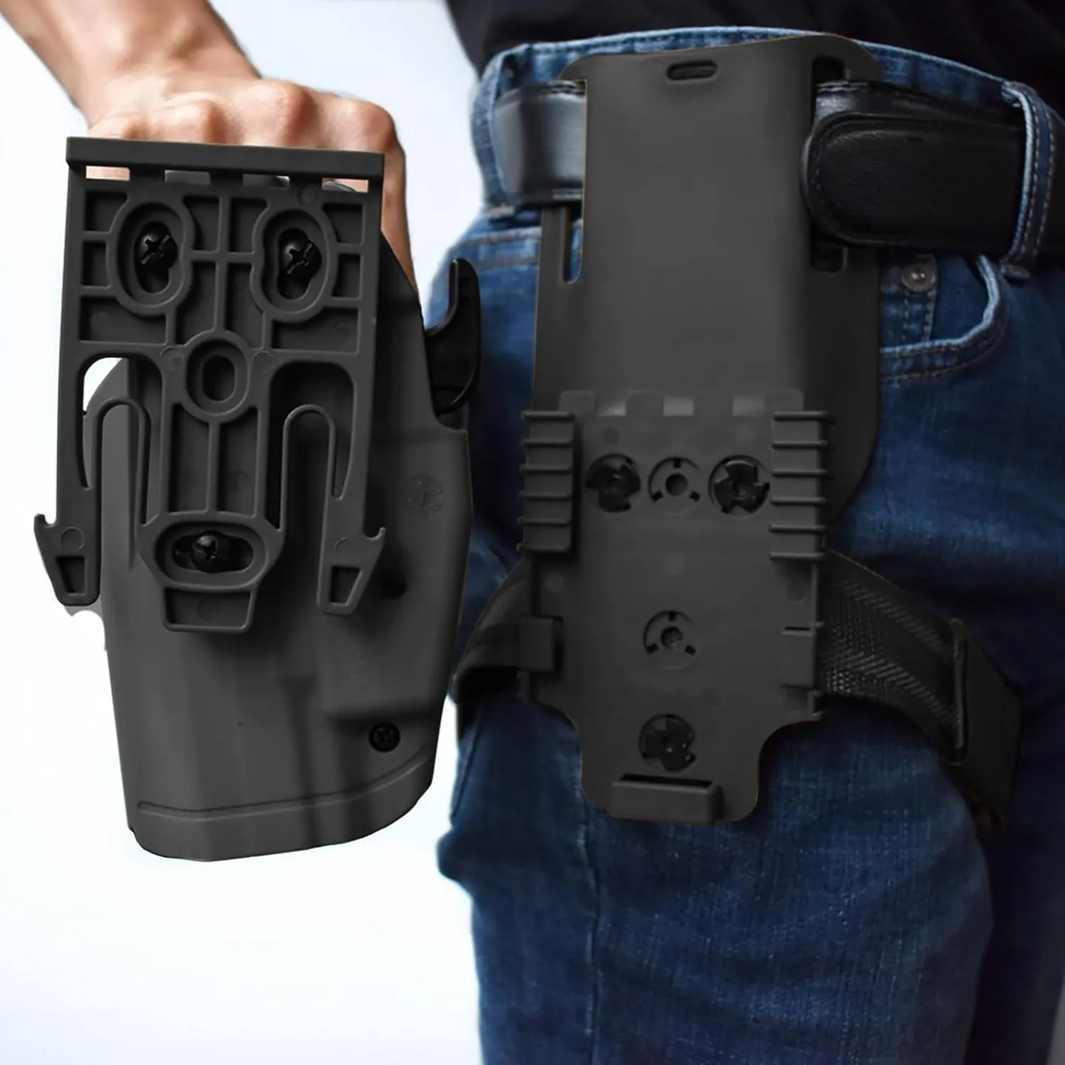 QLS Quick Locking System Kit with Fork & Duty Receiver Plate with Thigh Straps, Mid-Ride Universal Belt Loop Platform, Quick Draw Holsters