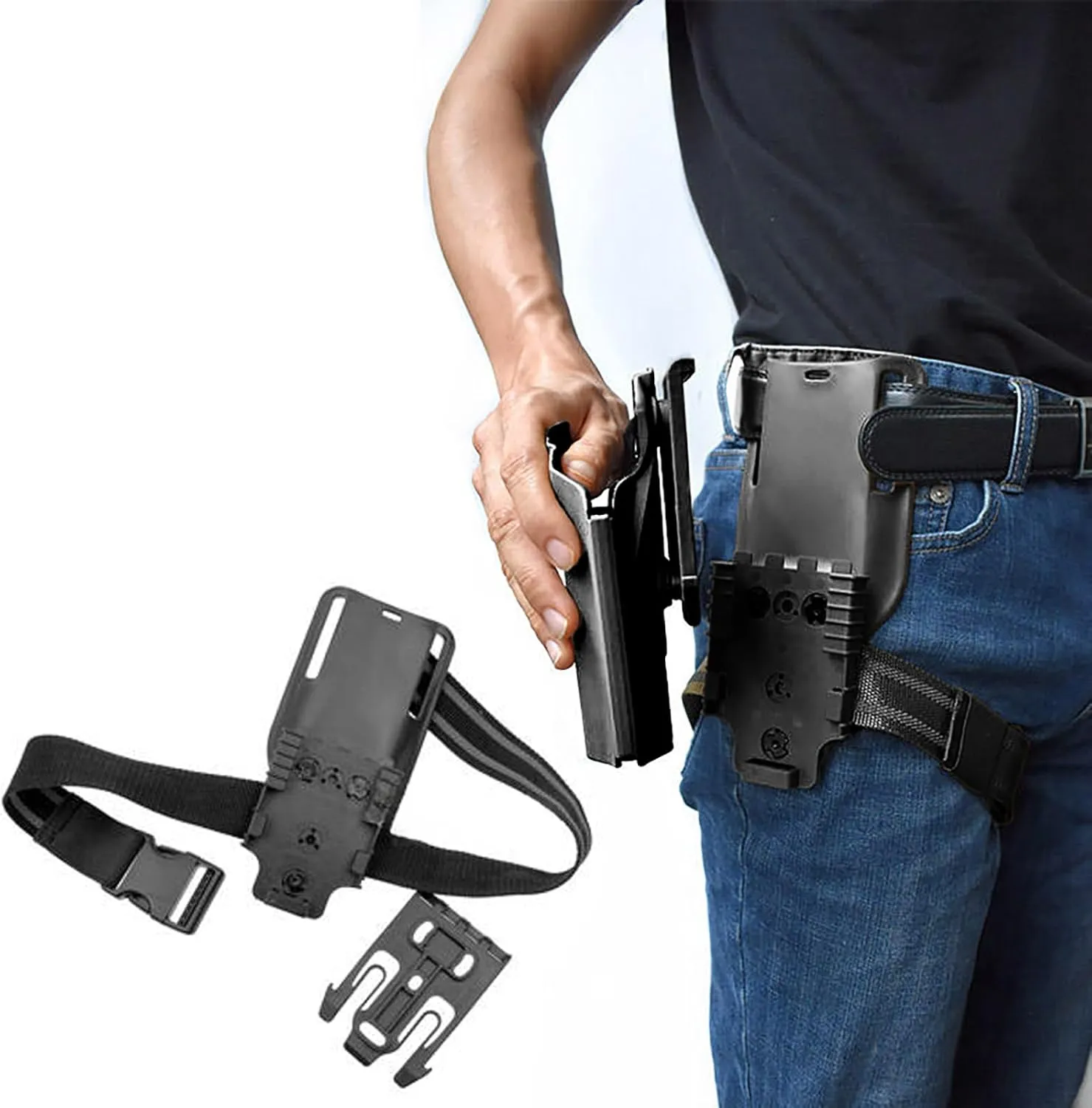 QLS Quick Locking System Kit with Fork & Duty Receiver Plate with Thigh Straps, Mid-Ride Universal Belt Loop Platform, Quick Draw Holsters