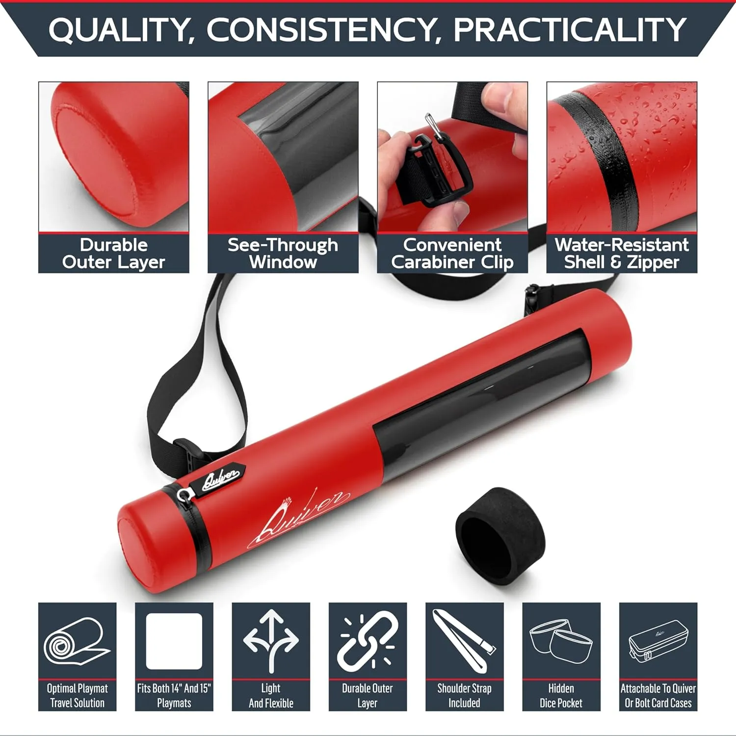 Quiver Time Red XL Orion Playmat Tube - TCG MtG Playmat Tube Case Bag with Waterproof Zipper, Hidden Dice Pocket, Adjustable Removable Shoulder Strap, See-Through Window, Fits 14" and 15" playmats